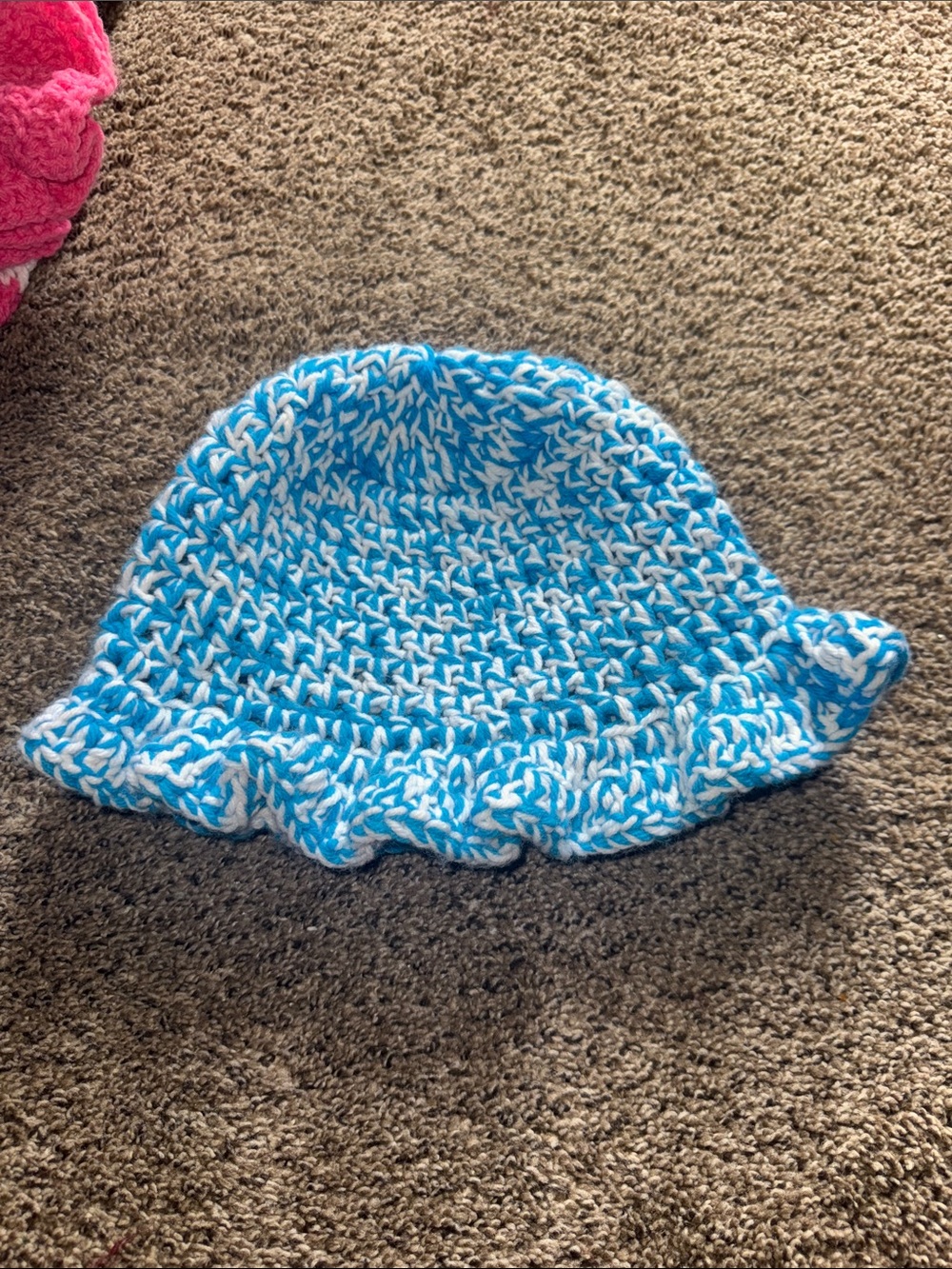 Handmade Kids Ruffled Crochet Beanie Hat - Blue & White